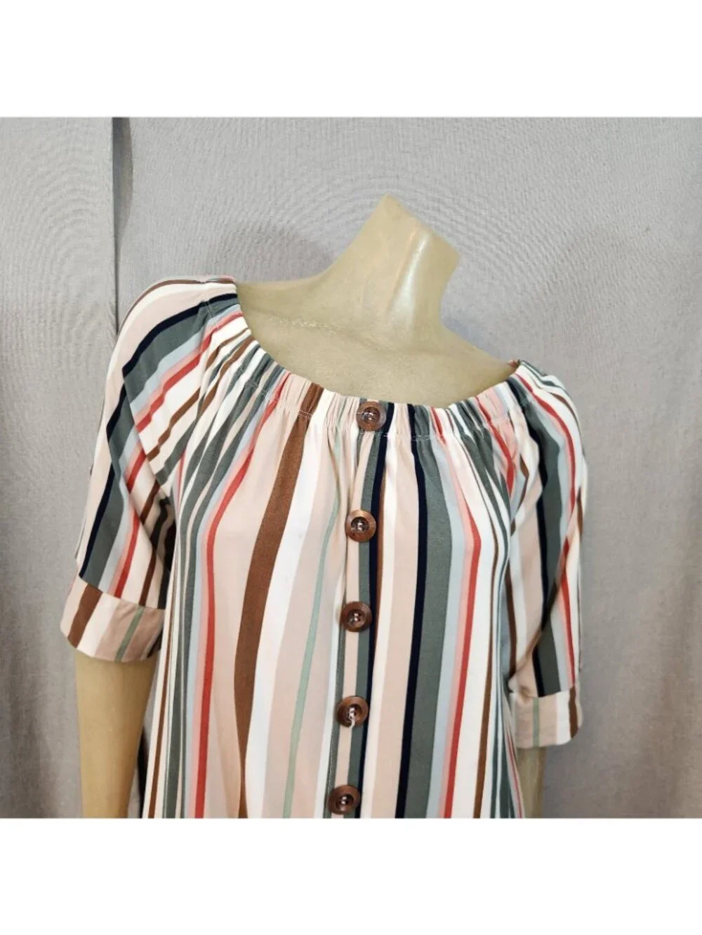 J for Justify Beige Brown Green Striped Scoop Neck Half Sleeve Shift Dress LARGE - Picture 2 of 7
